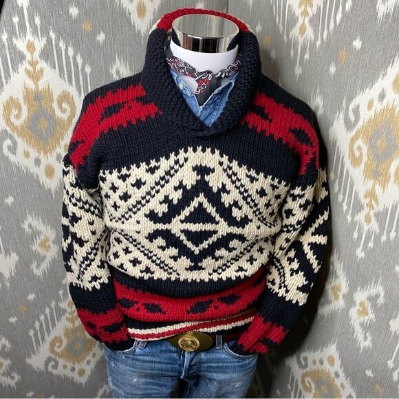 Polo Ralph Lauren Vintage Southwestern Style Handknit Wool Shawl Collar Sweater - Picture 1 of 16